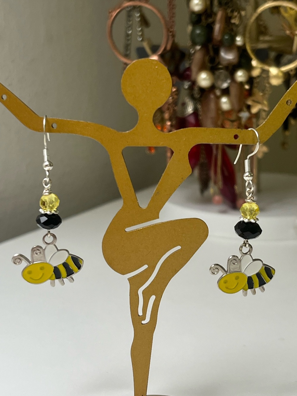 Handmade Bumble Bee Charm Crystal Drop Earrings